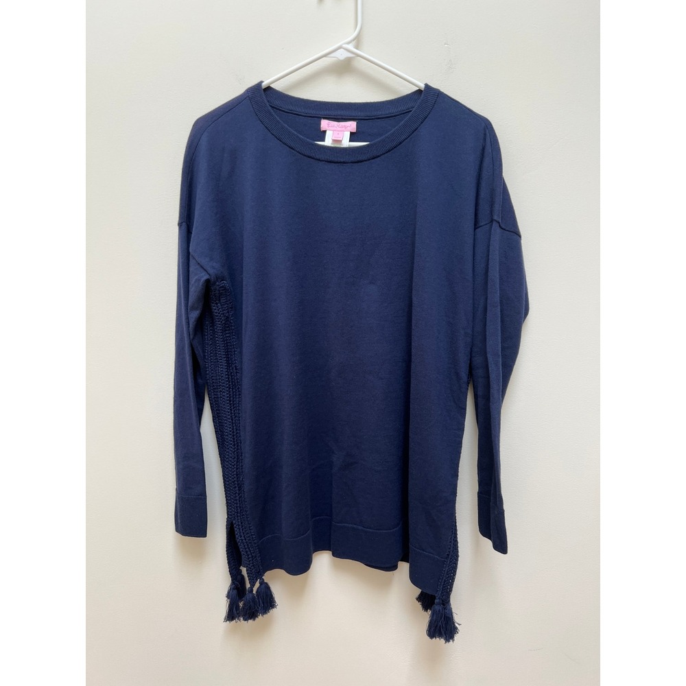 Lilly Pulitzer Sweater Women S Blue Coolmax Crochet Side Tassel Knit Pullover